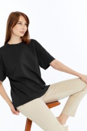 Kadın Modal Kumaş Oversize Siyah T-Shirt - Görsel 7