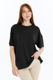 Kadın Modal Kumaş Oversize Siyah T-Shirt - Görsel 3
