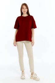 Kadın Modal Kumaş Oversize Bordo T-Shirt - Görsel 8