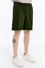 Erkek Oversize Duble Paça Penye Şort - Haki - Görsel 6