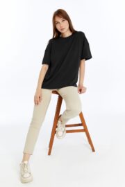 Kadın Modal Kumaş Oversize Siyah T-Shirt - Görsel 13