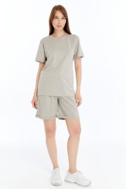 Kadın Oversize Duble Paça Penye Şort & Tişört Takım - Taş