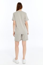 Kadın Oversize Duble Paça Penye Şort & Tişört Takım - Taş - Görsel 11