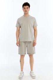 Erkek Oversize Duble Paça Penye Şort - Taş - Görsel 10