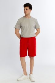 Erkek Oversize Duble Paça Penye Şort - Kırmızı - Görsel 8