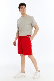 Erkek Oversize Duble Paça Penye Şort - Kırmızı - Görsel 9