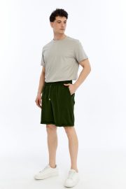 Erkek Oversize Duble Paça Penye Şort - Haki - Görsel 9
