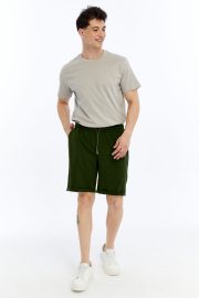 Erkek Oversize Duble Paça Penye Şort - Haki - Görsel 10