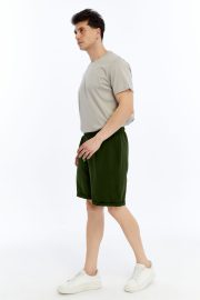 Erkek Oversize Duble Paça Penye Şort - Haki - Görsel 4