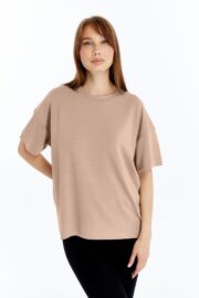 Kadın Modal Kumaş Oversize Sütlü Kahve T-Shirt