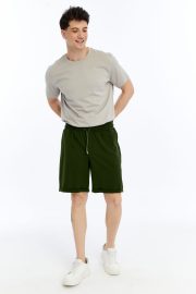 Erkek Oversize Duble Paça Penye Şort - Haki - Görsel 11