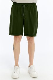 Erkek Oversize Duble Paça Penye Şort - Haki - Görsel 5