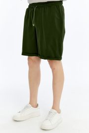 Erkek Oversize Duble Paça Penye Şort - Haki - Görsel 12